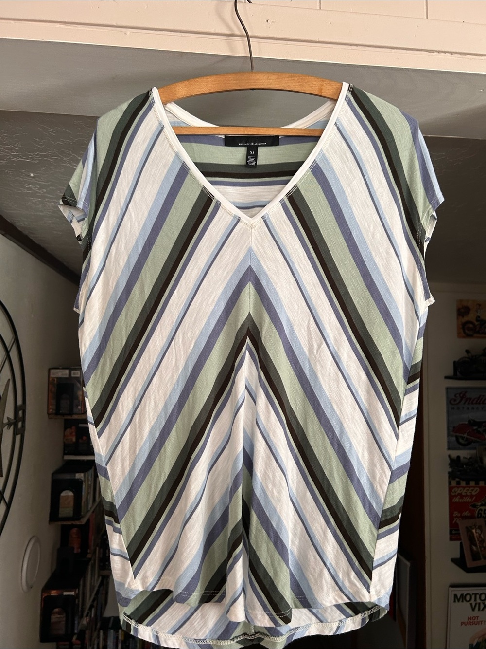 White House Black Market Blue, Sage & White Striped V-Neck Short Sleeve Top